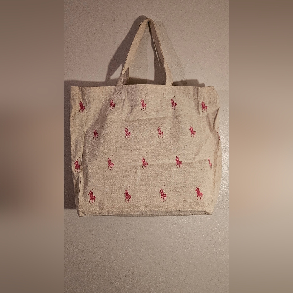 Ralph Lauren Canvas Tote in Cream with Pink Polo Logos
